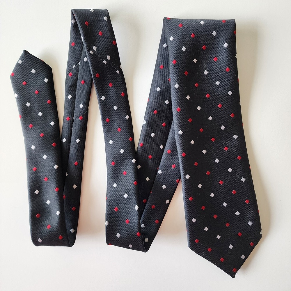 FORSYTH COACH HOUSE Tie‎ Black With Red White Diamonds Squares Geometric Pattern